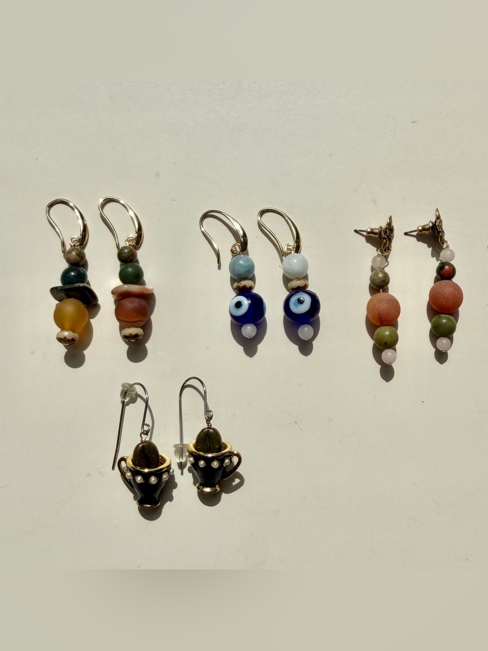 Boho Gemstone Earring Bundle - Set of 4 Pairs (Beaded Drops + Teacup Charms)